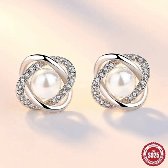 NWT S925 Silver Cubic Zirconia White Pearl Dainty Stud Earrings - Picture 4 of 10